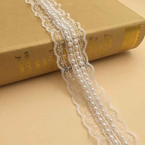 4cm Black White Non-Stretch Lace Trim with Faux Pearl Accents 10 Yards