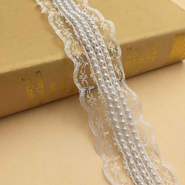 4cm Black White Non-Stretch Lace Trim with Faux Pearl Accents 10 Yards