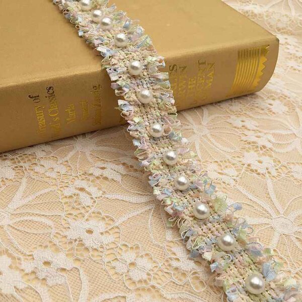 3cm Polyester Fringe Trim with Faux Pearl Accents – 10 Yards