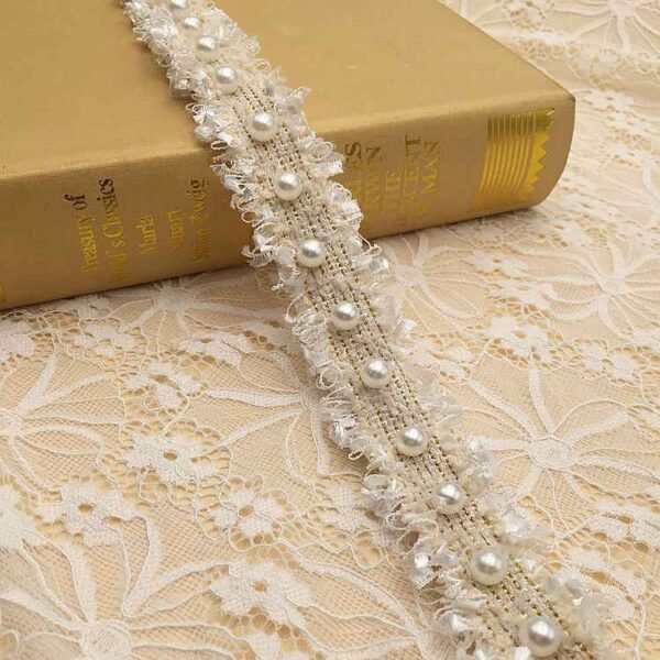 3cm Polyester Fringe Trim with Faux Pearl Accents – 10 Yards