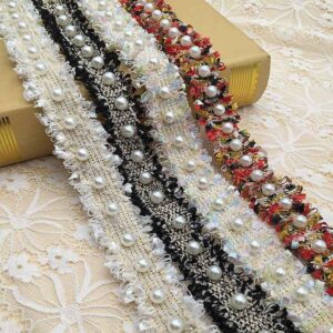 3cm Polyester Fringe Trim with Faux Pearl Accents – 10 Yards