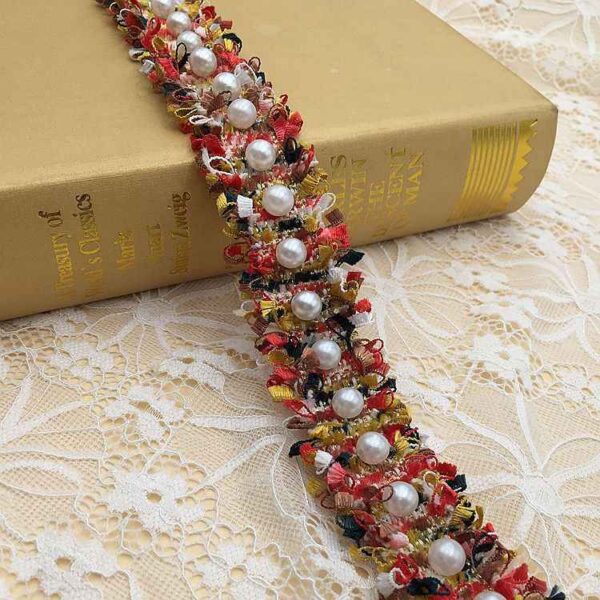 3cm Polyester Fringe Trim with Faux Pearl Accents – 10 Yards