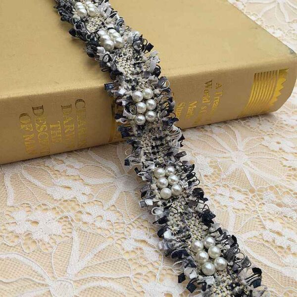 3cm Polyester Fringe Trim with Faux Pearl Accents – 10 Yards