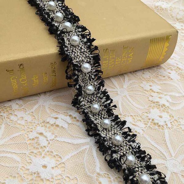 3cm Polyester Fringe Trim with Faux Pearl Accents – 10 Yards