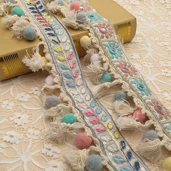 Embroidered Jacquard Ethnic Cotton Lace Fringe Tassel Trim 5 Yards