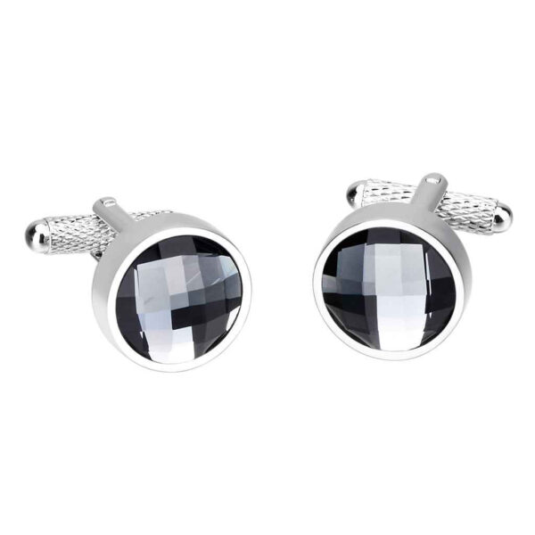 Stainless Steel Round Cufflinks – Elegant Faceted Crystal Glass