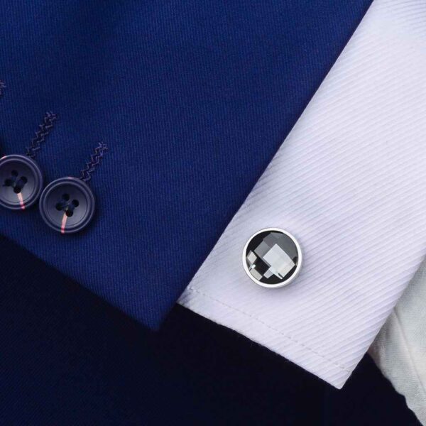 Stainless Steel Round Cufflinks – Elegant Faceted Crystal Glass