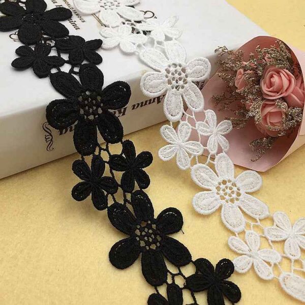 5.5cm Black White Milk Fiber Flower Embroidered Lace Trim 10 Yards