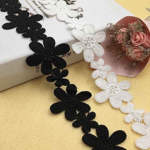 5.5cm Black White Milk Fiber Flower Embroidered Lace Trim 10 Yards