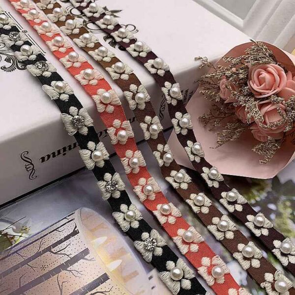 1.5cm Ethnic Jacquard Lace Trim with Pearl Accents – 40 Yards