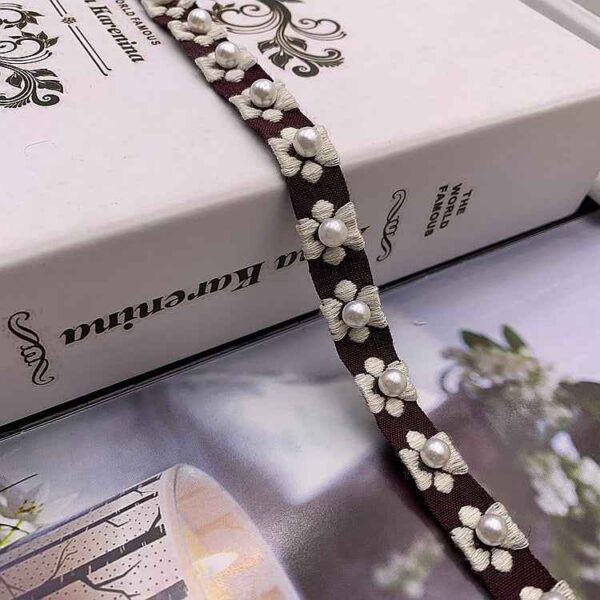 1.5cm Ethnic Jacquard Lace Trim with Pearl Accents – 40 Yards
