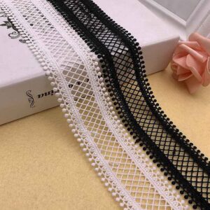 3.5/4.5cm Black White Milk Fiber Embroidered Grid Lace Trim – 10 Yards