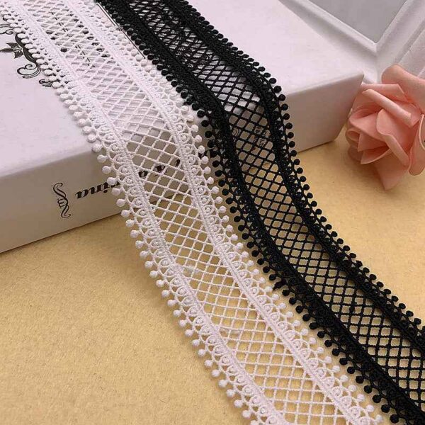 3.5/4.5cm Black White Milk Fiber Embroidered Grid Lace Trim – 10 Yards