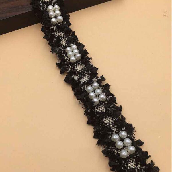3cm Polyester Fringe Trim with Faux Pearl Accents – 10 Yards