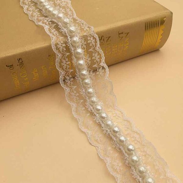4cm Black White Non-Stretch Lace Trim with Faux Pearl Accents 10 Yards