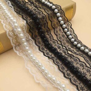 4cm Black White Non-Stretch Lace Trim with Faux Pearl Accents 10 Yards