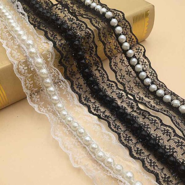 4cm Black White Non-Stretch Lace Trim with Faux Pearl Accents 10 Yards