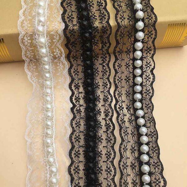 4cm Black White Non-Stretch Lace Trim with Faux Pearl Accents 10 Yards