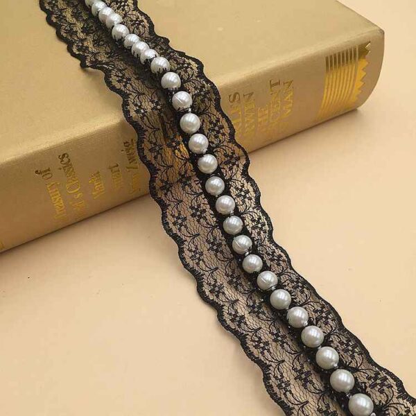 4cm Black White Non-Stretch Lace Trim with Faux Pearl Accents 10 Yards