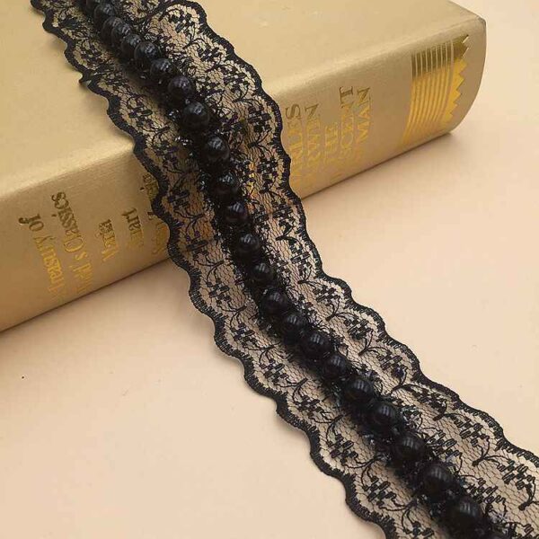 4cm Black White Non-Stretch Lace Trim with Faux Pearl Accents 10 Yards