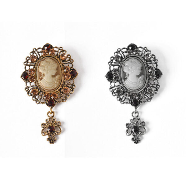 Vintage Queen Relief Metal Brooch with Rhinestones 2 Pack(Gold and Silver)