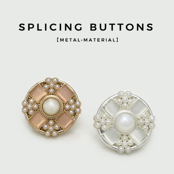 21mm Gold Pink & Silver White Pearl Bead Metal Flower Buttons 6pcs - Image 2