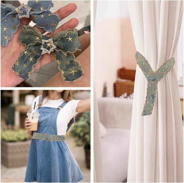1/1.5 Inch Vintage Denim Star Embroidered Ribbon 10 Yards  - Image 3