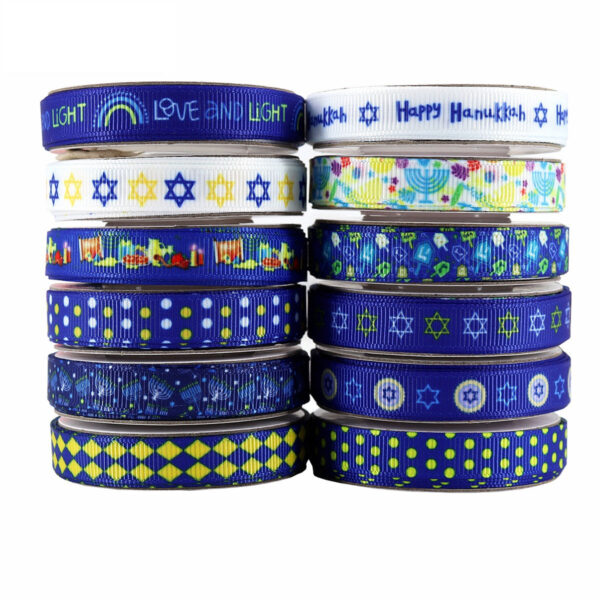 10mm Hanukkah Ribbon with David Star,Menorah,Dreidel 12 Pack - Image 2