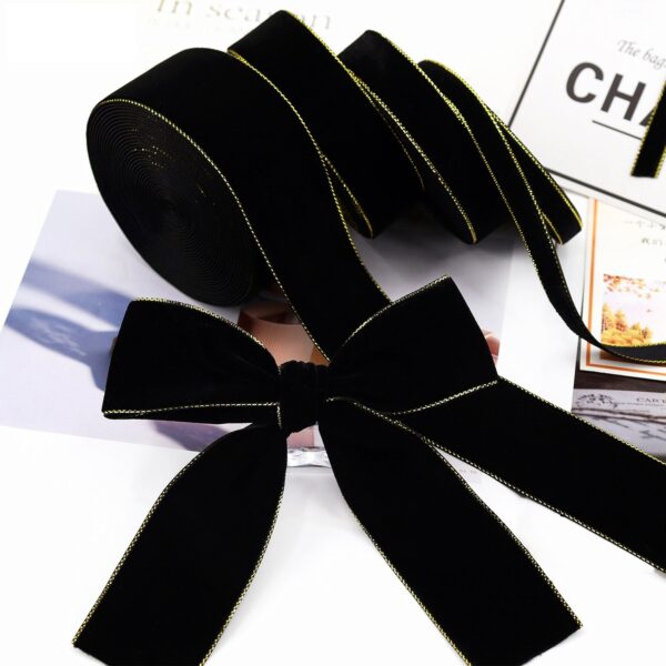 10/19/25/38mm Black and Gold Velvet Ribbons 4 Sizes Pack - Image 3