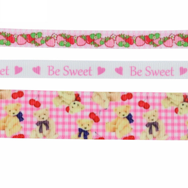10mm 25mm Pink Strawberry Heart Bear Ribbed Ribbon 30 Yards - Image 2