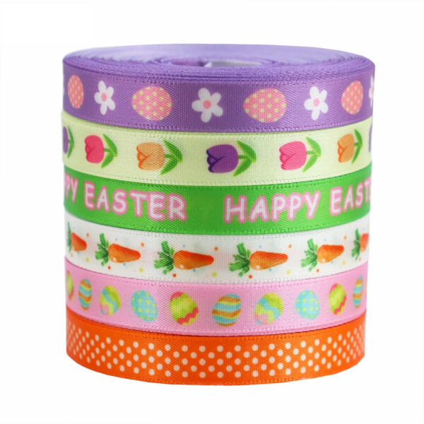 10mm Easter Satin Ribbon Colorful Eggs Carrots 6 Pack - Image 2