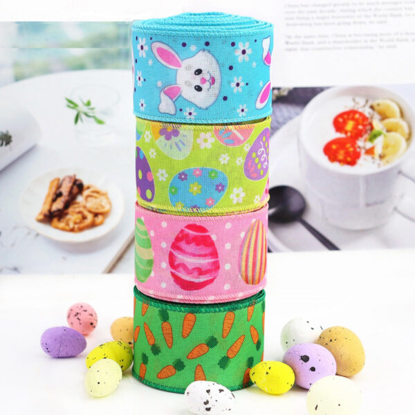 2/2.5 Inch Easter Hem Wire Edge Colorful Eggs Bunnies Carrots Ribbon 4 Pack - Image 2