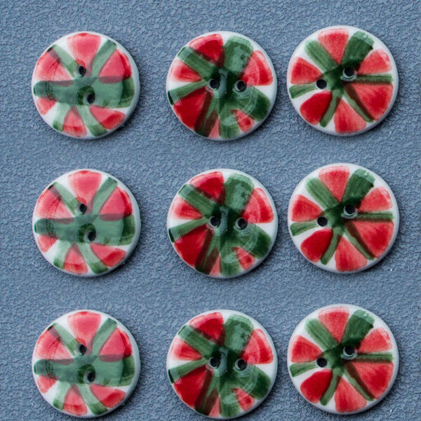 20mm Red and Green Vintage Round Watermelon 2 Hole Ceramic Buttons 10pcs - Image 2