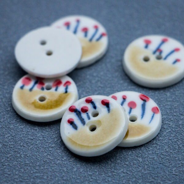 20mm Tea Yellow Small Red Flower Round 2 Hole Handmade Ceramic Buttons 4pcs - Image 2