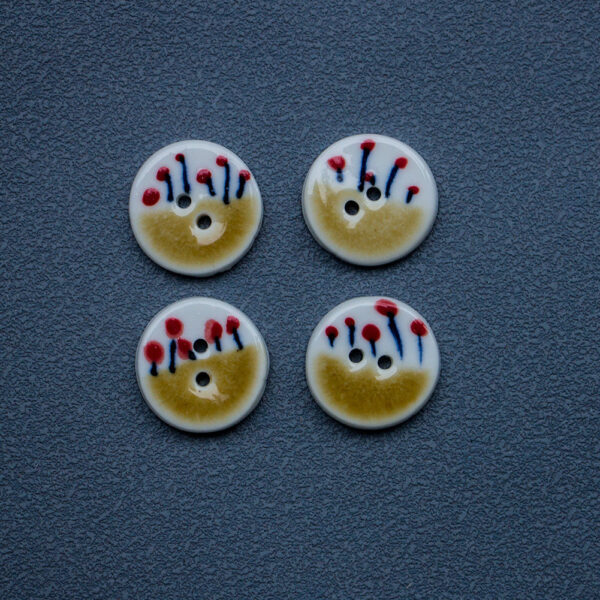20mm Tea Yellow Small Red Flower Round 2 Hole Handmade Ceramic Buttons 4pcs - Image 3