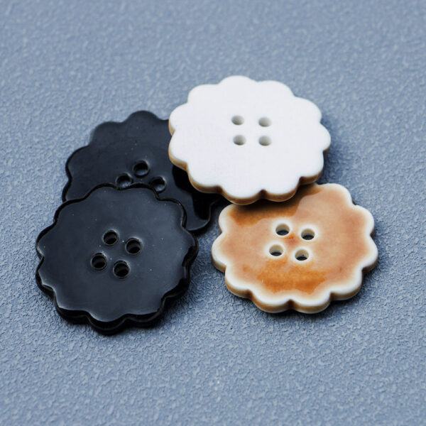30mm Round Laced 4 Hole Black and Khaki Handmade Ceramic Buttons 6pcs - Image 2