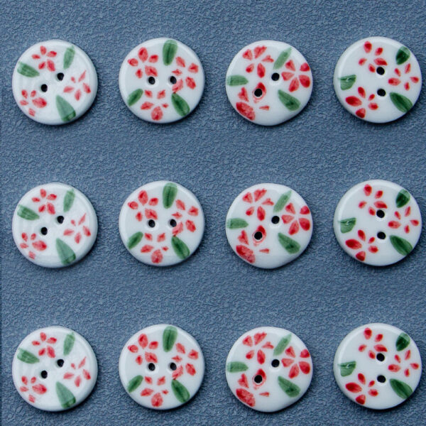 19.5mm Round 2 Hole Handmade Ceramic Buttons with Red Flowers 6PCS - Image 5