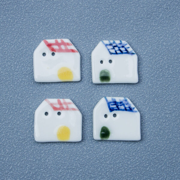 23mm Red/Blue Tile-roofed Small House Handmade Ceramic Button 2pcs - Image 2