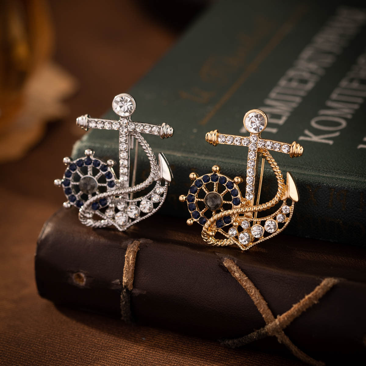 Navy Full Diamond Ship's Helm Anchor Pin Brooch 2 Pack