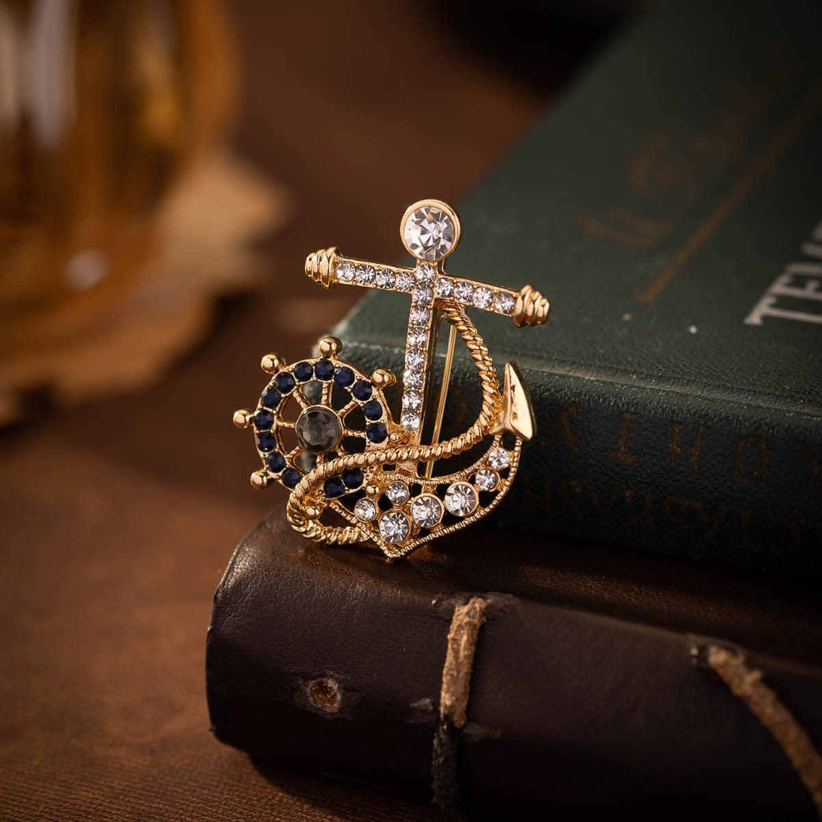 Navy Full Diamond Ship's Helm Anchor Pin Brooch 2 Pack