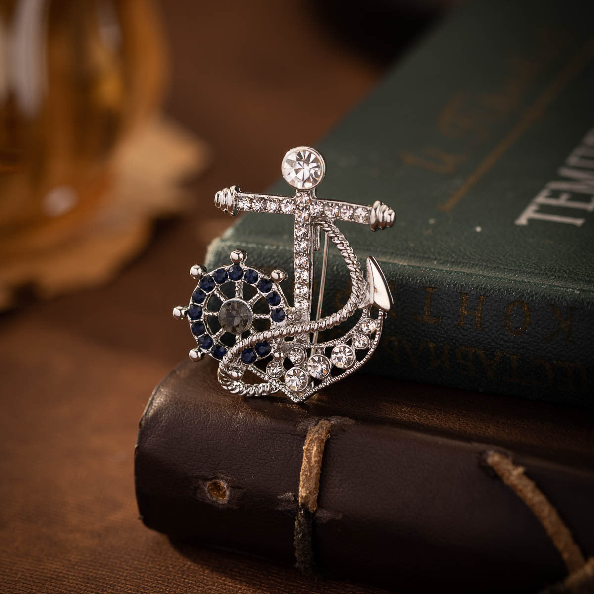 Navy Full Diamond Ship's Helm Anchor Pin Brooch 2 Pack