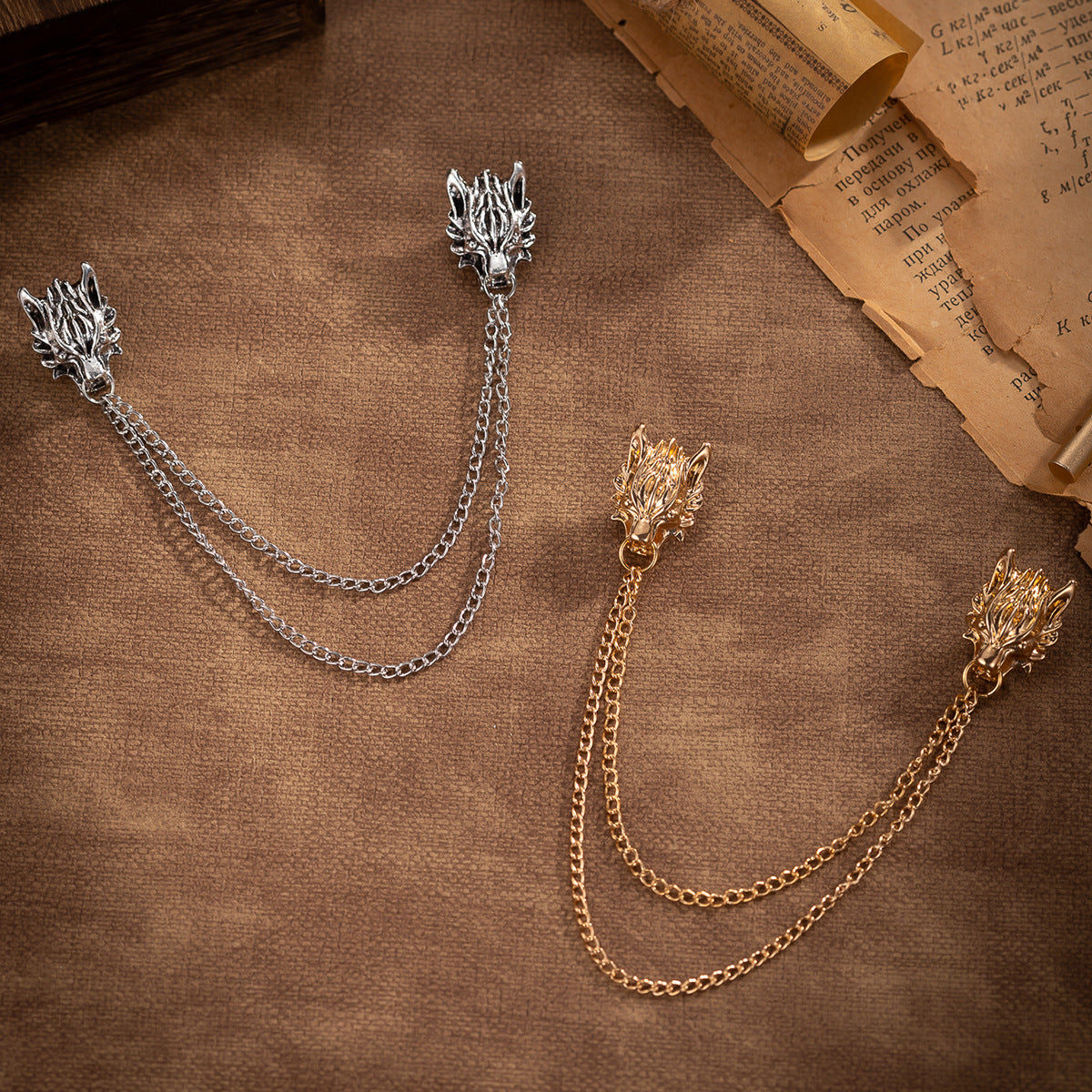 Chain Wolf Head Brooch - Men's Vintage Creative Suit Lapel Pin 3pcs