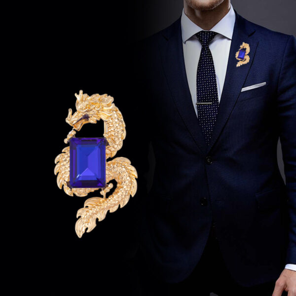 Golden Chinese Dragon Inlaid with Blue Crystal Brooch 3pcs - Image 2