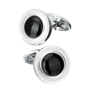 18mm Copper Round Cufflinks with Engraved Floral Pattern Onyx Stone