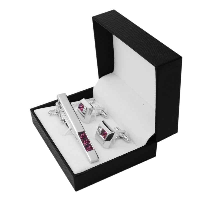 Silver & Burgundy Czech Crystal Tie Bar Clip and Cufflinks Set