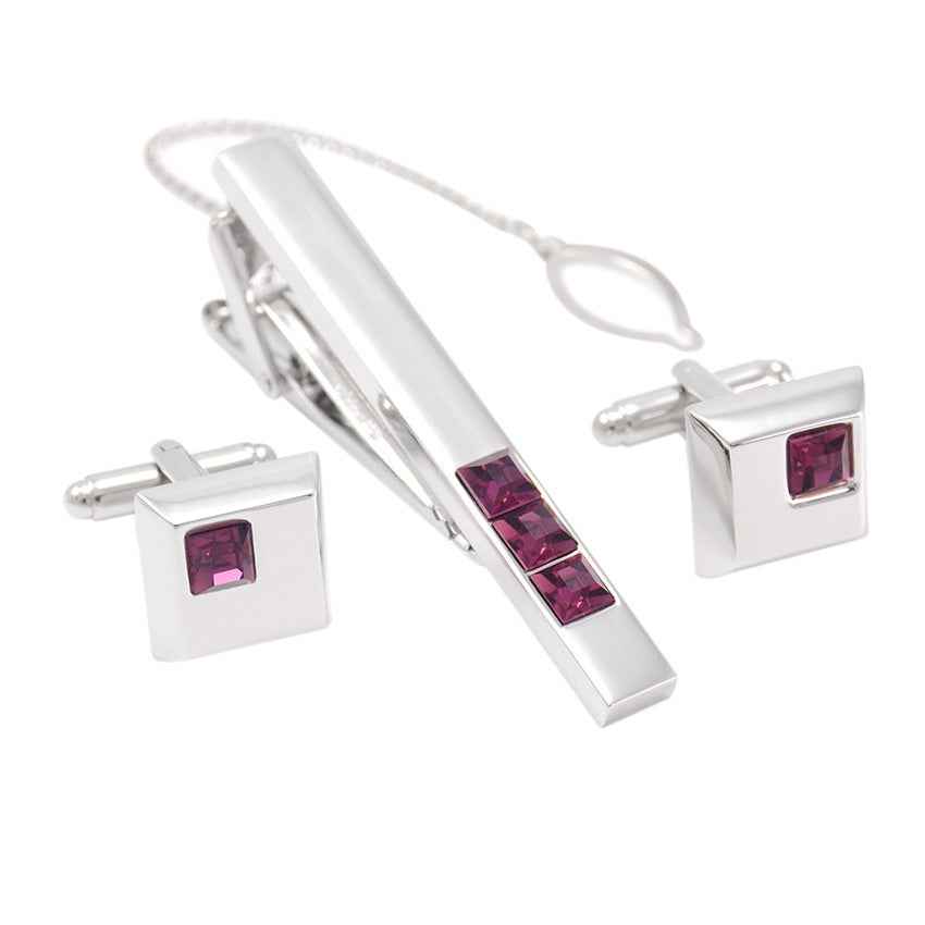 Silver & Burgundy Czech Crystal Tie Bar Clip and Cufflinks Set