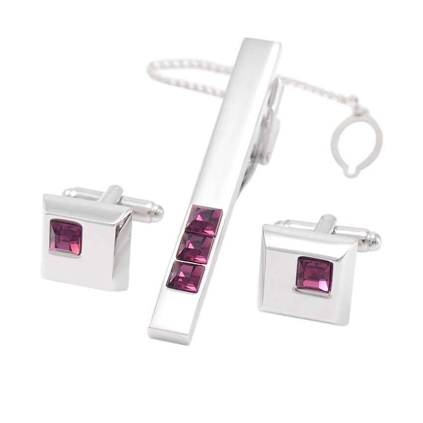 Silver & Burgundy Czech Crystal Tie Bar Clip and Cufflinks Set