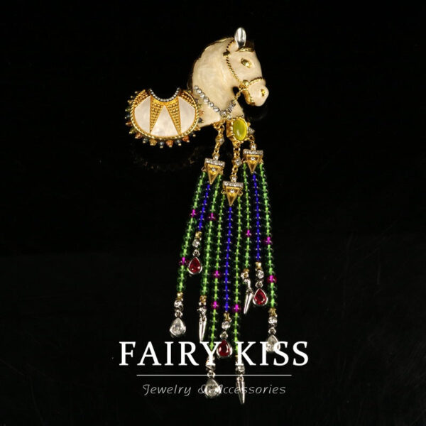 Handcrafted Enamel Pony Brooch with Tassel Pendant - Image 2