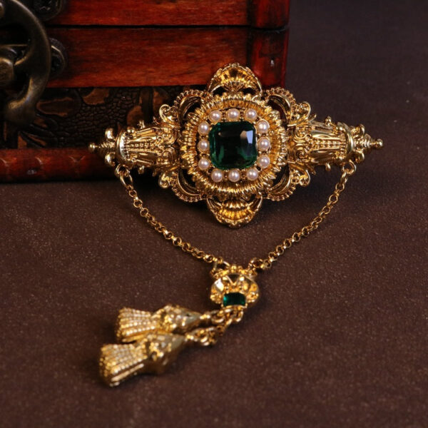 Baroque Royal Brooch Crystal Gemstone Accents with Chain Tassel - Image 2