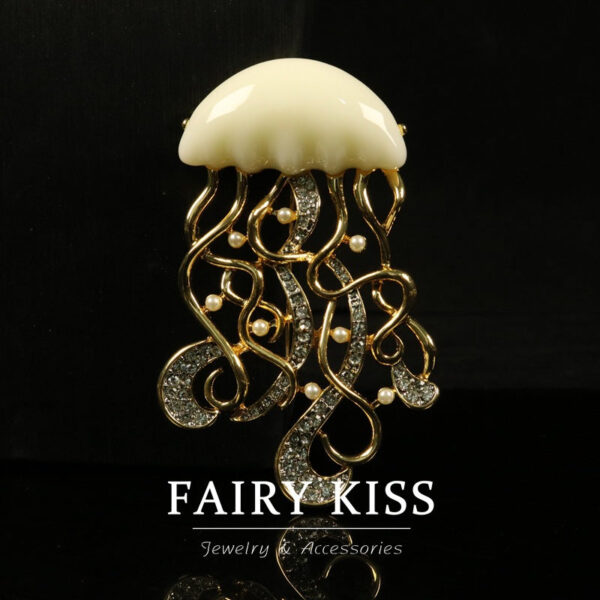 Handcrafted Jellyfish Diamond-Encrusted Metal Brooch - Image 3
